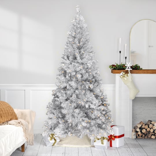 7ft. Pre-Lit Silver Artificial Tinsel Christmas Tree, Clear Lights